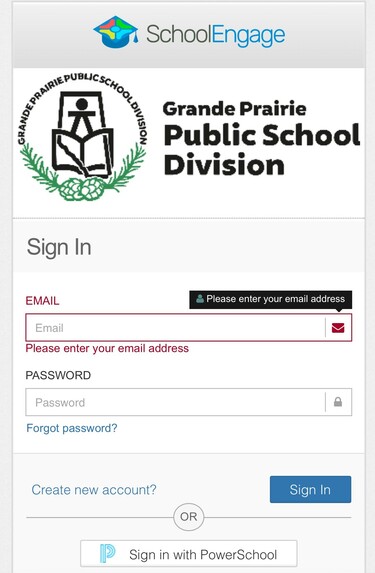 SchoolEngage log in page with email account in red