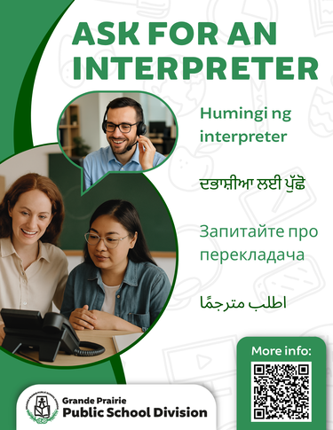 man with a headset on and a student and teacher asking for an interpreter services support
