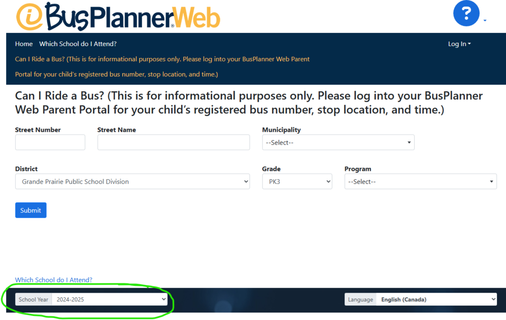BusPlanner Web Can I Ride a Bus? with the School Year selection circled on the bottom left.