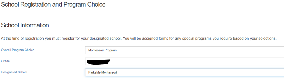 Screen shot of New Student Registration Form, page 2. School Information.