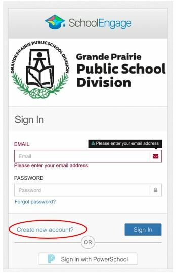 SchoolEngage log in page with Create new account circled in red