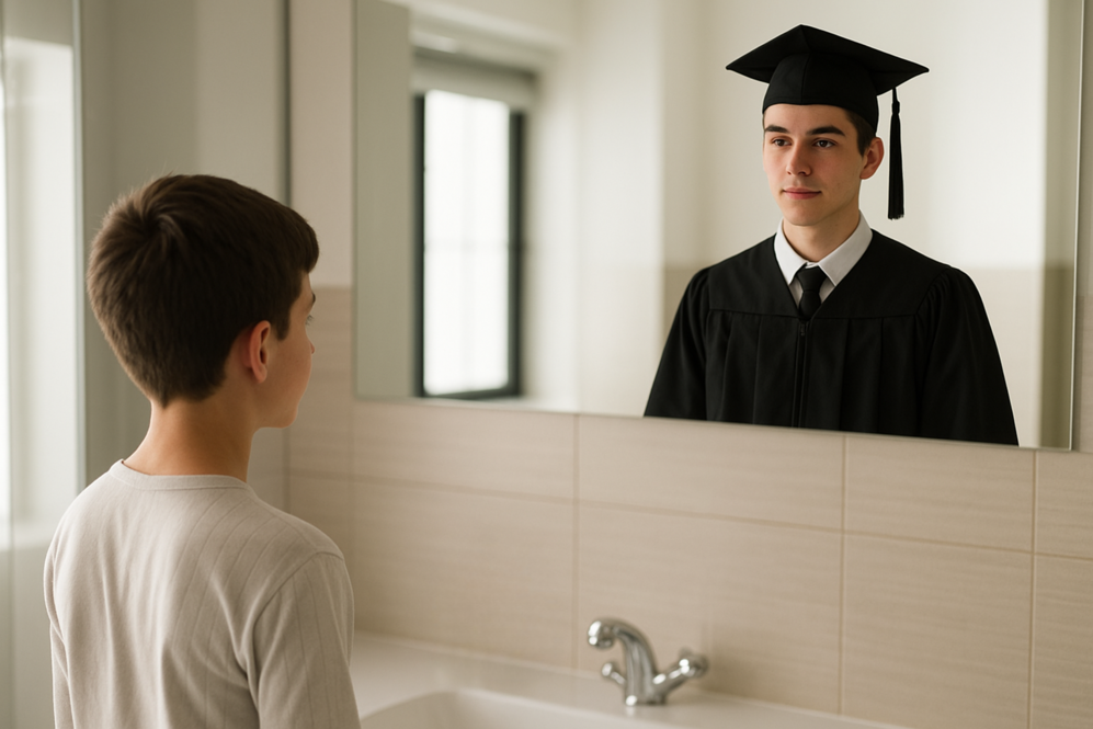 boy looking in mirror at graduating self