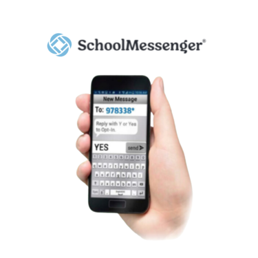 Image of hand holding cell phone with logo of schoolmessenger above the image