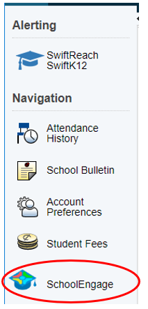 PowerSchool Student/Parent Portal Navigation menu SchoolEngage icon circled